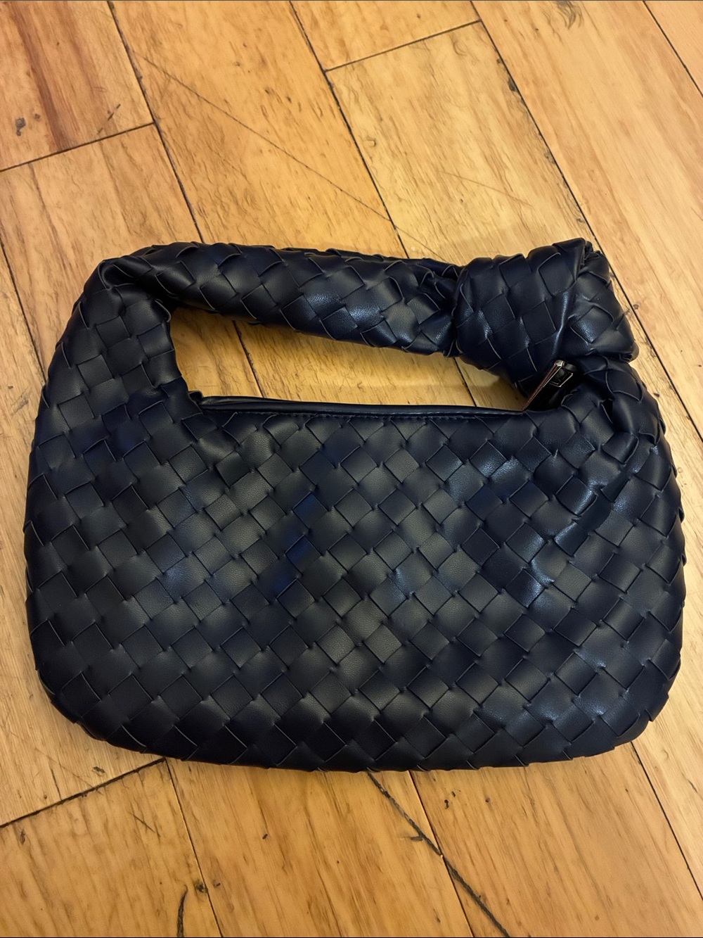Vegan Leather Woven Shoulder Hobo Bag in Black